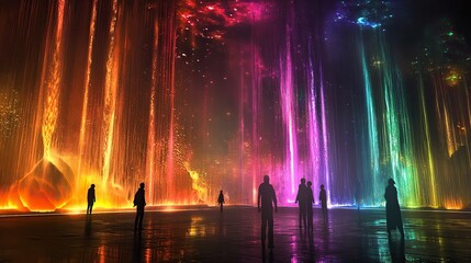 Fototapeta premium Shimmering abstract silhouettes emerging from fountains of changing colored light beams on a dark glossy platform beneath faint glowing orbs