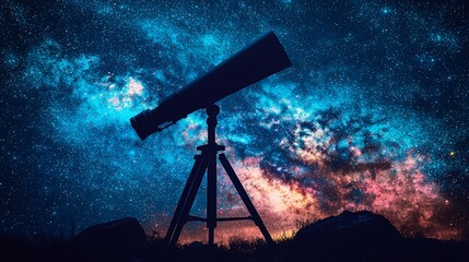 Telescope Silhouetted Against Night Sky with Stars and Nebulae