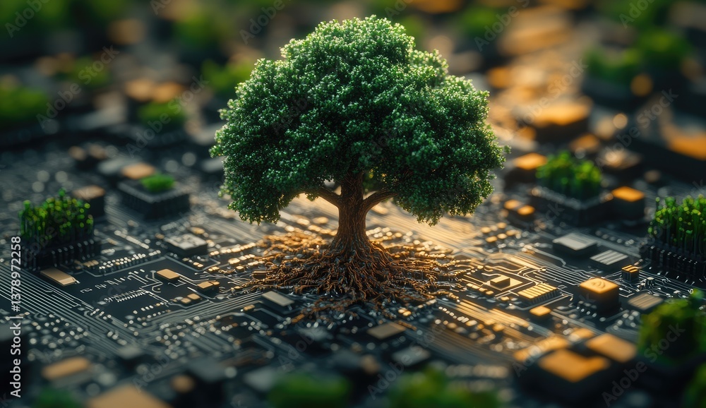 Poster digital tree growing on circuit board