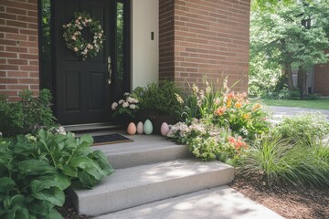 Naklejka premium Colorful spring decorations enhance the charm of a welcoming front porch with flowers and pastel eggs