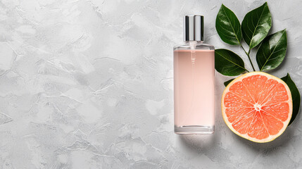 Pink Grapefruit Perfume Bottle on Grey Background