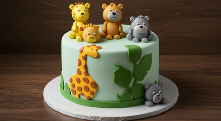 Whimsical safari themed cake with fondant animal toppers and jungle foliage