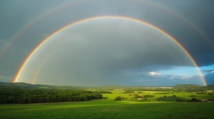 Fototapeta premium Stunning Double Rainbow Over a Green Valley After a Heavy Rainstorm