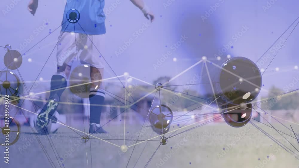 Poster soccer player on field with network connections and data processing animation
