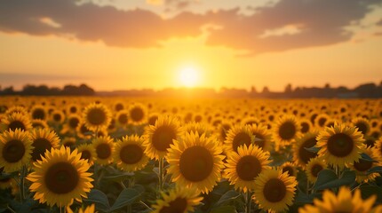 Obraz premium Sunflower Field Glowing Under a Golden Sunset, Vibrant Yellow Petals Stretching to the Horizon