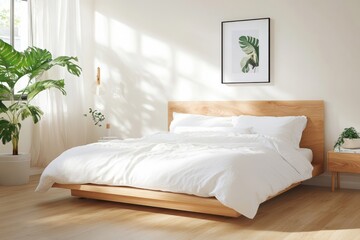 Bright and airy bedroom with wooden bed, white bedding, and green plant accents in a modern interior design layout