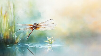 Watercolor Painting Of An Insect Over A Pond At Sunrise