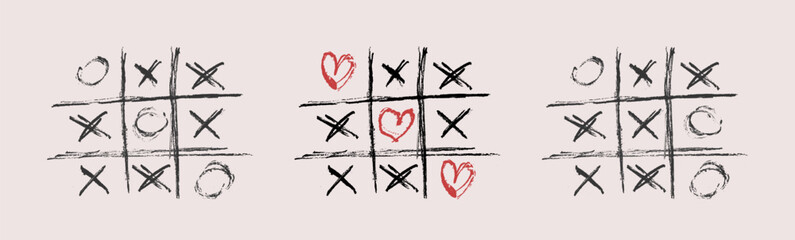 Doodle.Collection of drawn grids with crosses and noughts. Tic-tac-toe with hearts
