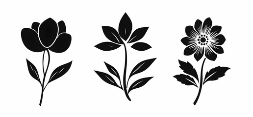 Set of three vector flowers, simple shapes, vector graphic in black on a white background, SVG cut file, high resolution, 2D design