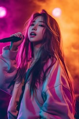 Naklejka premium Young female singer passionately performing with microphone on colorful stage, illuminated by pink and orange lighting effects.