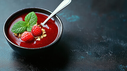 Vibrant Red Raspberry Sauce with Mint and Granola in Dark Bowl