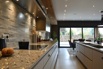 A modern kitchen with sleek design and stylish finishes, featuring granite countertops and an open layout.