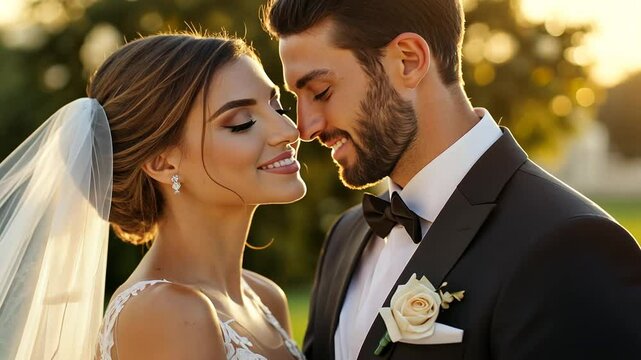 A romantic wedding moment with bride and groom in elegant venue