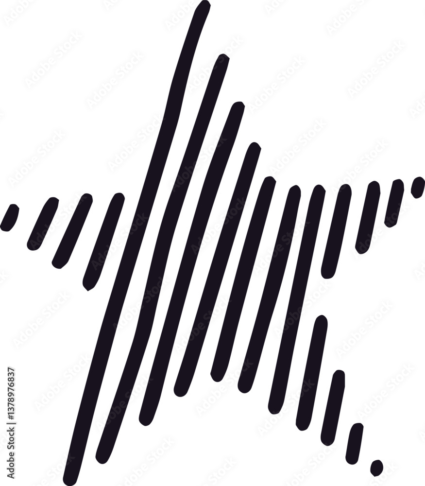 Poster black, uneven parallel lines creating an abstract star shape against a white background, forming a v