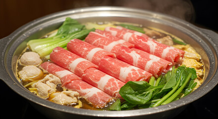 Fototapeta premium Authentic Asian Hot Pot Experience with Fresh Meats and Vibrant Vegetables