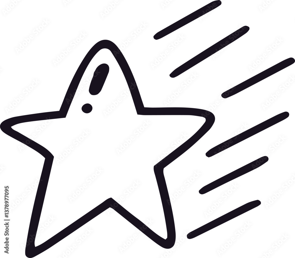 Poster simple black and white drawing of a five pointed star with motion trails, creating a sense of speed 