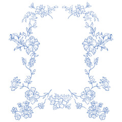 Line Art Blue Floral Frame. Vector Illustration
