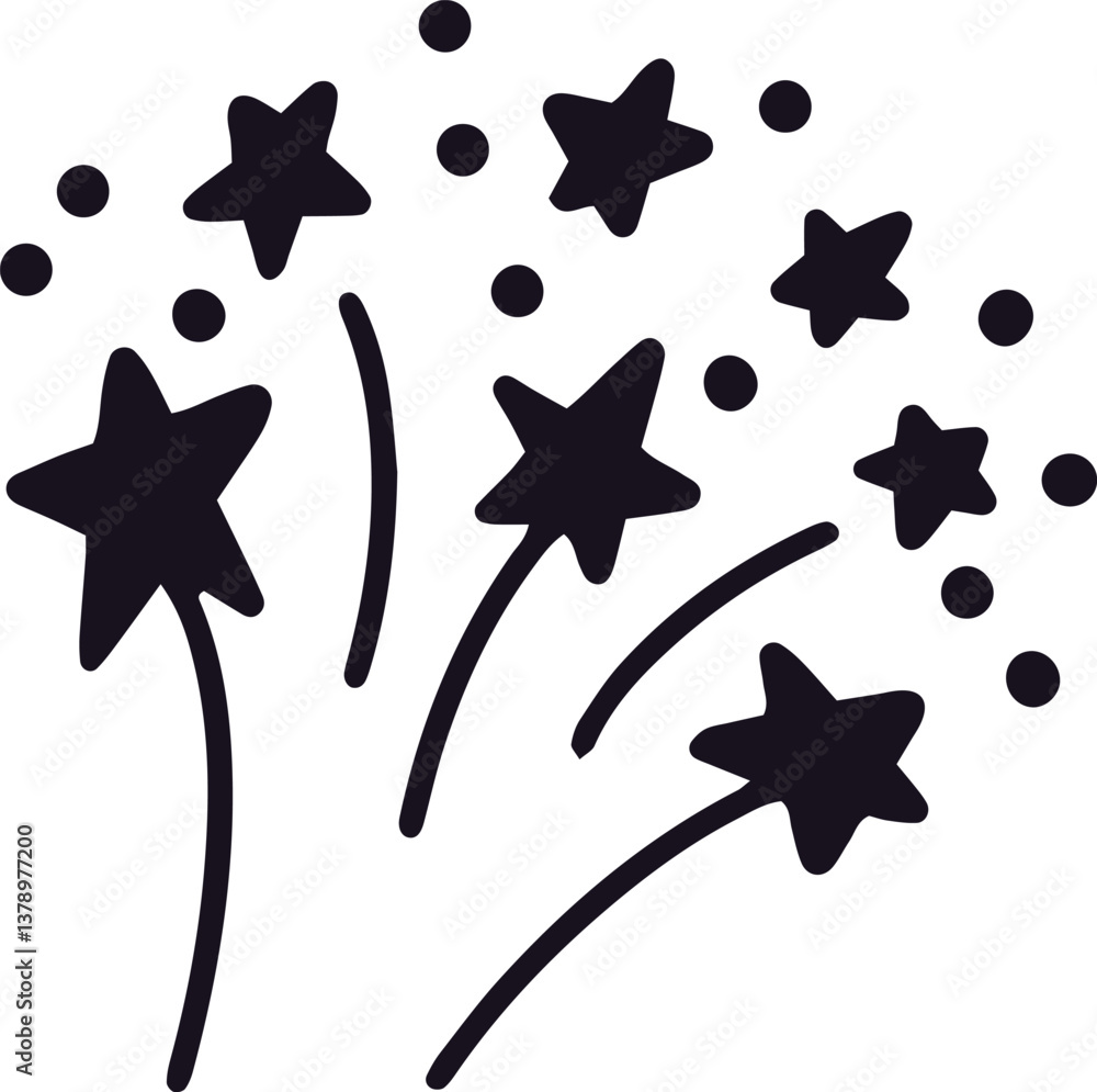 Poster hand drawn fireworks exploding with many stars and trails on white background, creating a celebrator