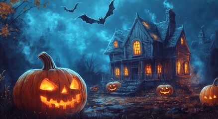 Spooky haunted house Halloween night with pumpkins