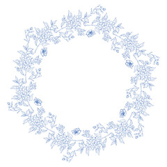 Line Art Blue Floral Frame. Vector Illustration