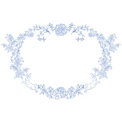 Line Art Blue Floral Frame. Vector Illustration