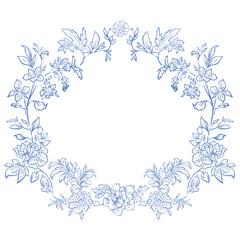 Line Art Blue Floral Frame. Vector Illustration