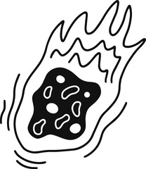 Hand drawn vector illustration of a burning meteor flying in space with flames and particles, isolated on a white background, ideal for space themed designs
