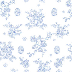 Line Art Blue Easter Seamless Pattern. Vector Illustration.