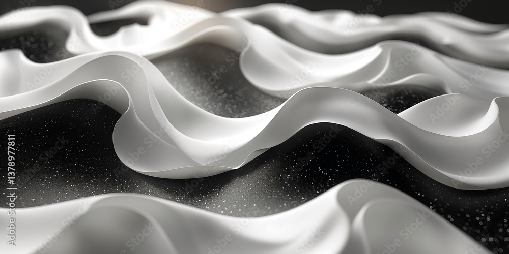 Poster fluid white fabric waves create an abstract and elegant design against a dark background.