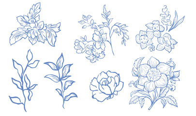Set of Line Art Blue Flowers and Plants. Vector Illustration.