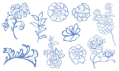 Set of Line Art Blue Flowers and Plants. Vector Illustration.