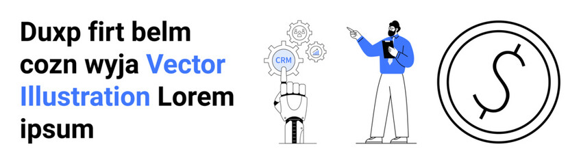 Robotic hand activating CRM icon, professional analyzing process with tablet, gear connections highlighting innovation and business. Ideal for automation, technology, strategy, finance, AI, business