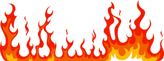 Red and orange cartoon flames burning with large flames creating a fiery border against a white background, perfect for representing heat, danger, or excitement
