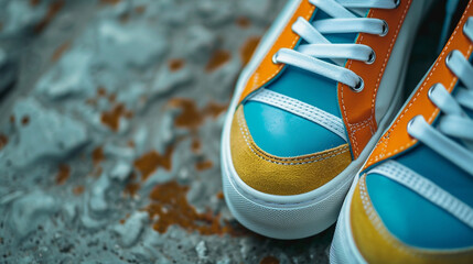 Pair of designer sneakers with bold colors on plain background, product shoot, full of intricate details, no labels, object focused, png, stock image, hd quality, blog post.