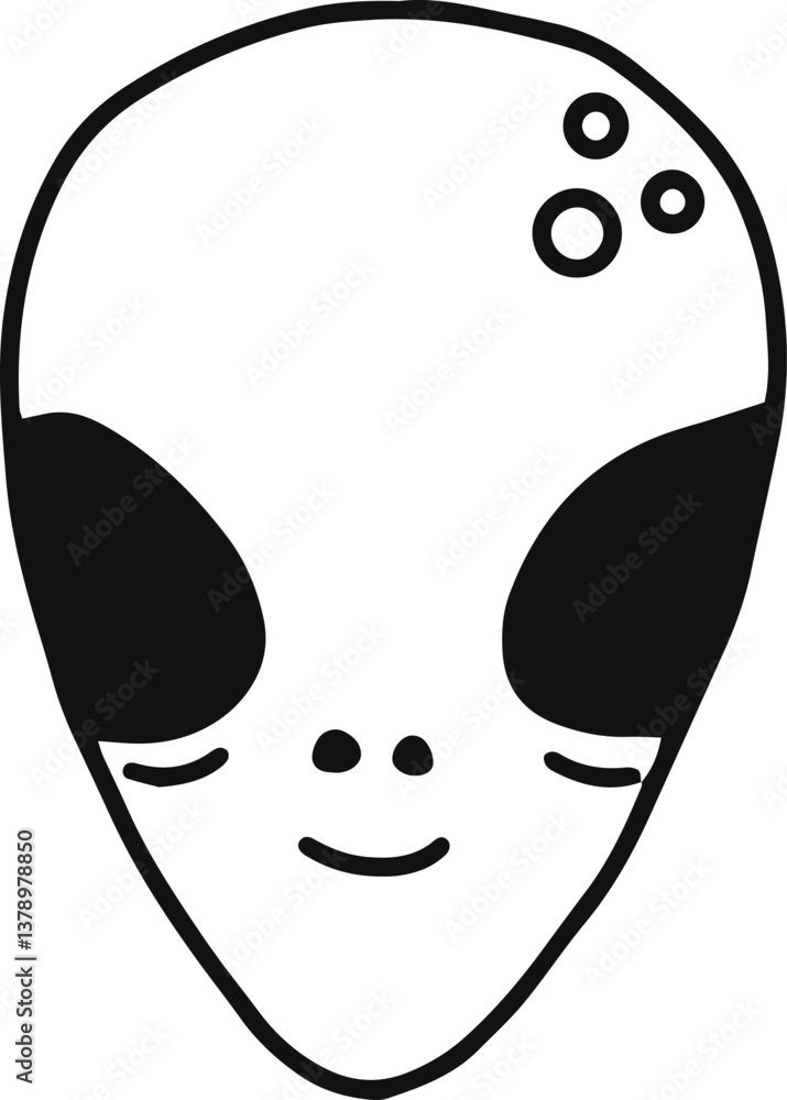 Poster hand drawn illustration of a friendly alien face smiling with big black eyes and three circles on th