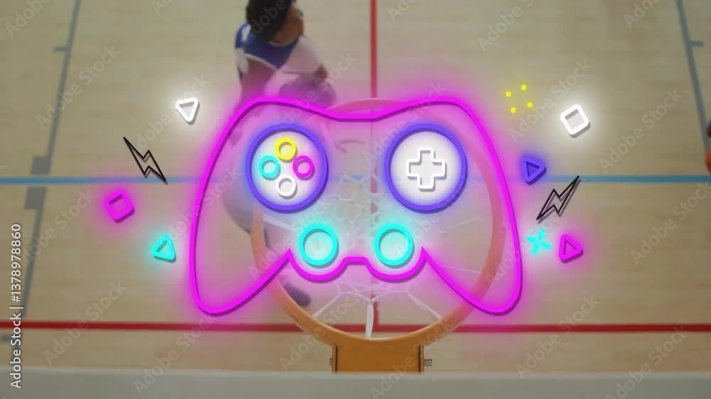 Aufkleber neon game controller animation over basketball hoop with player in background