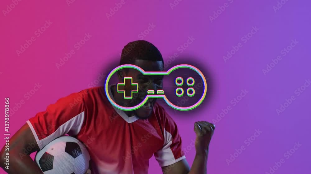 Poster holding soccer ball, man with game controller animation on colorful background
