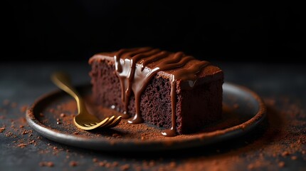 Chocolate Cake Slice with Ganache and Cocoa Powder