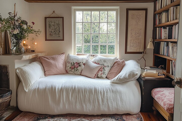 cottage core cozy reading office nook in the countryside British colonial style decor with art and flowers pretty sofa throw and pink cushions
