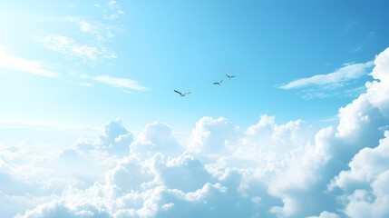 Obraz premium un fondo de un paisaje de un cielo azul claro con nubes esponjosas y los rayos del sol con un grupo de aves volando sobre las nubes disfrutando de su libertad