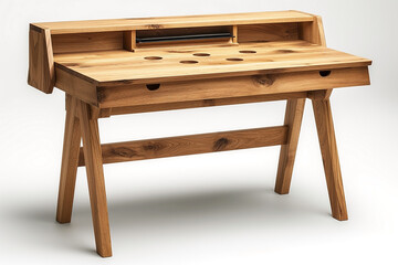 Stylish wooden workstation with a minimalist design, showcasing natural wood tones and thoughtful ergonomic features.