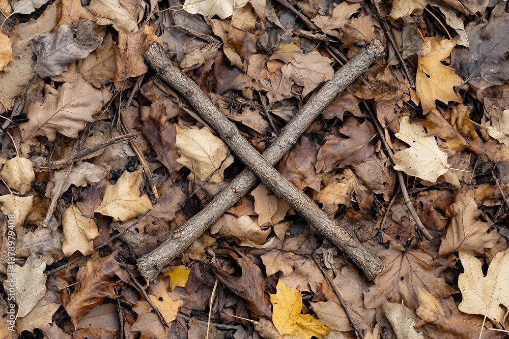 Poster aerial view of asterisk shape crafted from twigs and grass on dry leaves with ample copy space