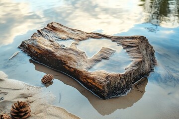 Etched driftwood with forward slash surrounded by sand, pinecones, and reflective water