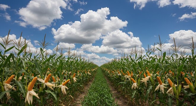 Vibrant green cornfield under a bright summer sky. AI Generated