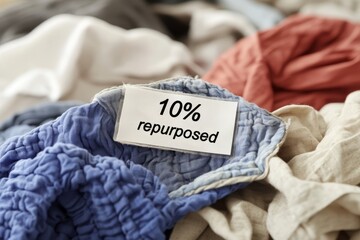 Close-up of label showing repurposed fabric percentage on unique fashion piece emphasizing sustainability in clothing design