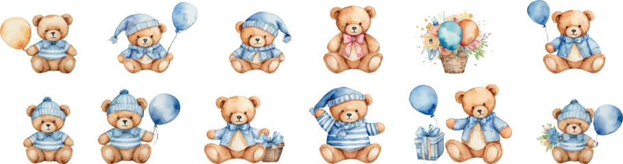 Watercolor Teddy Bear Clipart. Isolated on White Background. Cute Character.
