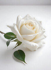 Fototapeta premium legant White Rose with Green Leaves on Plain Background