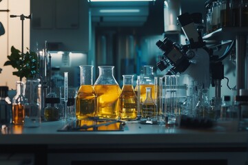 Transforming used cooking oil into biodiesel in a laboratory setup with clear beakers and tubes at a small lab