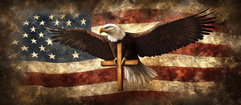 American bald eagle soaring with cross and usa flag