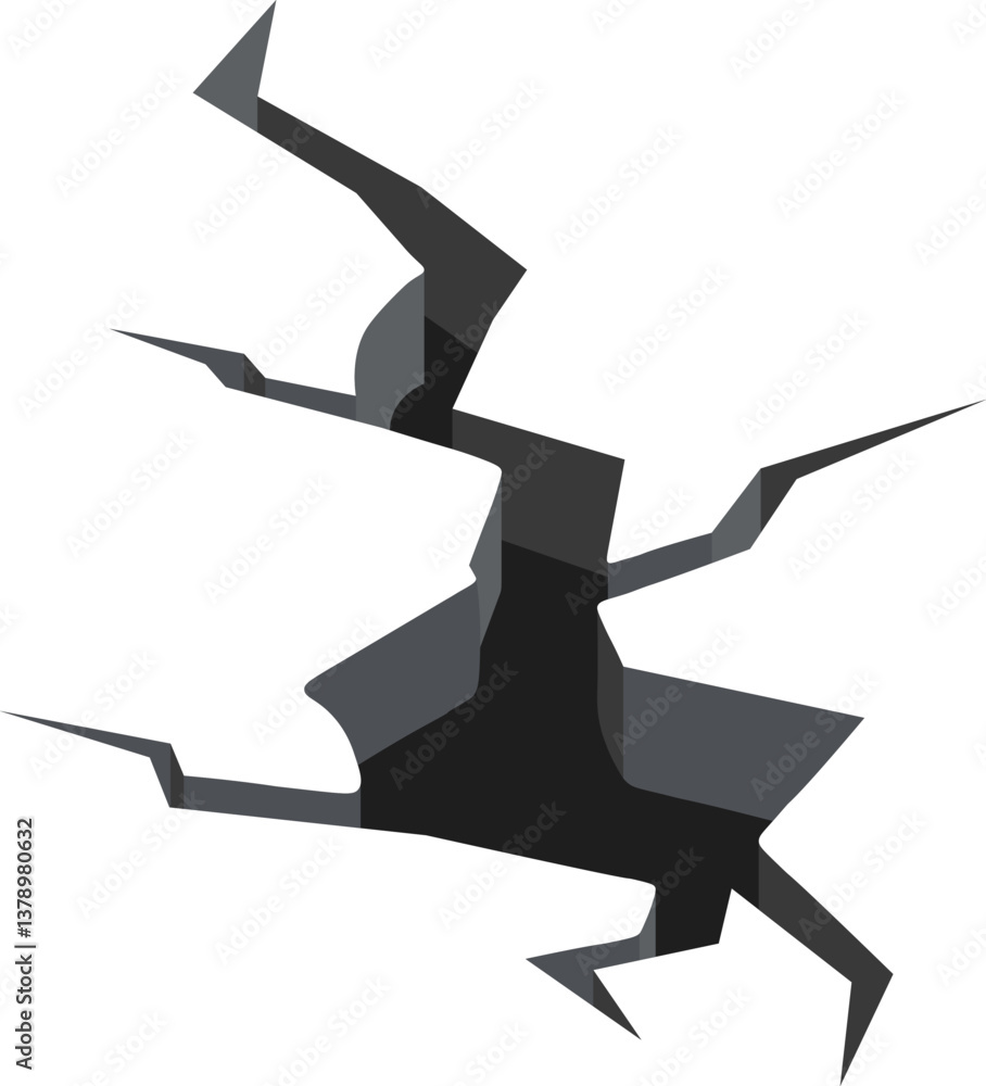Poster jagged edges define a large crack splitting a white surface, revealing a dark abyss below, creating 